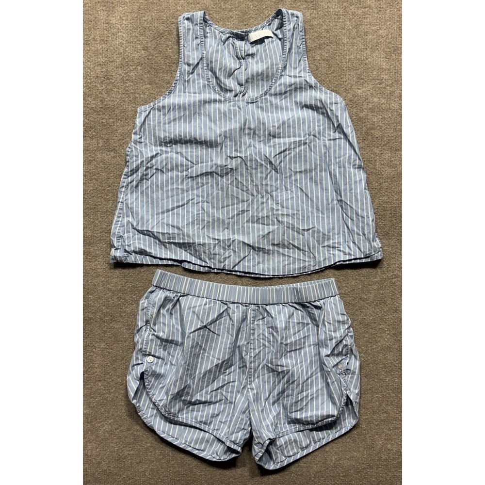 Lake Pajamas Women's Poplin Cotton Pajama Set Blue Stripe Small Top & Bottom EUC